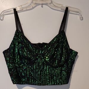 Sequin Embellished Blue-Green and Black Cropped Going Out Top